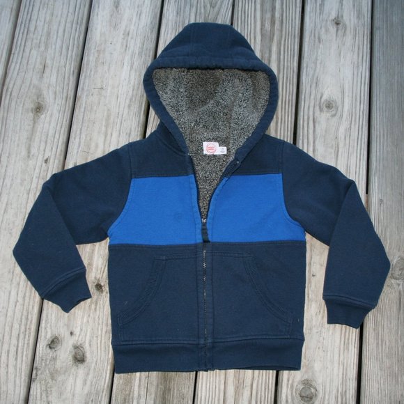 FUZZY SHERPA Zipper Hoodie Boy 4/5 Warm Bright Blue & Navy Light Jacket Layering - Picture 4 of 16